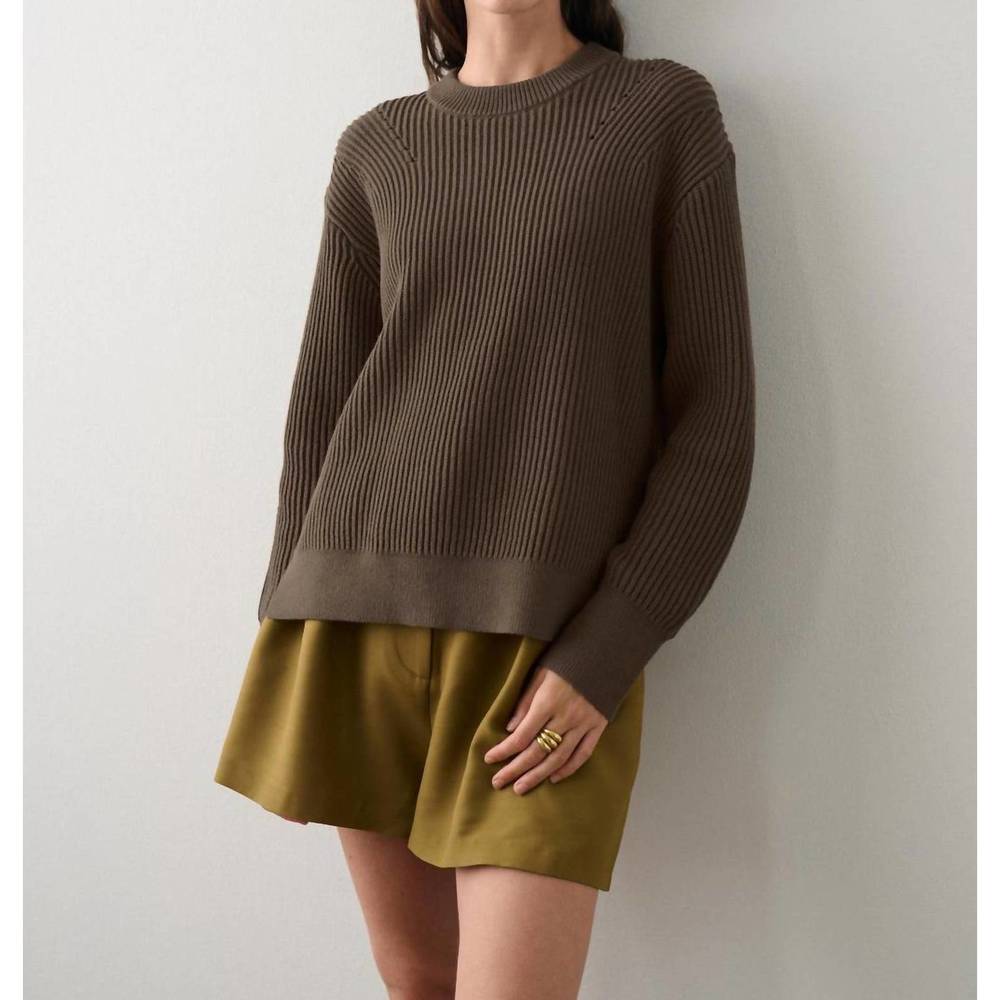 NEW WHITE + WARREN cotton ribbed crewneck sweater in deep olive